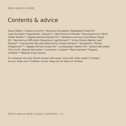 Faith In Nature Shea & Argan Conditioner – 1L contents and advice