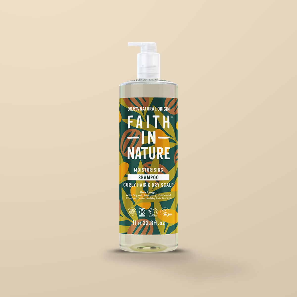 Faith In Nature Shea & Argan Shampoo – 1L — original product packaging on warm beige background