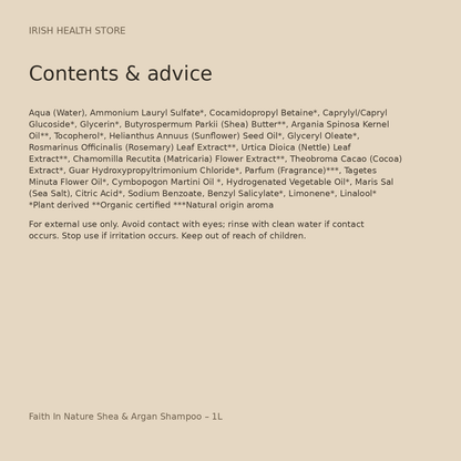 Faith In Nature Shea & Argan Shampoo – 1L contents and advice