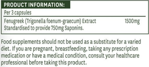 Product information label for Fenugreek extract capsules with dosage details.