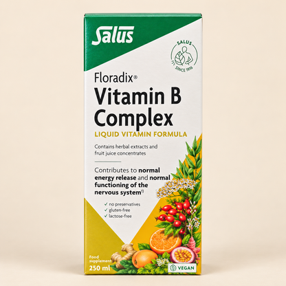 Salus Floradix Vitamin B-Complex – Liquid Formula – 250ml front packaging on a warm cream studio background