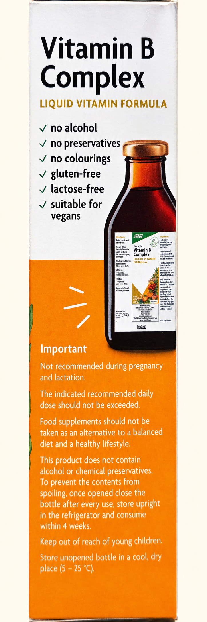Salus Floradix Vitamin B Complex 250ml full side panel with warnings and storage instructions
