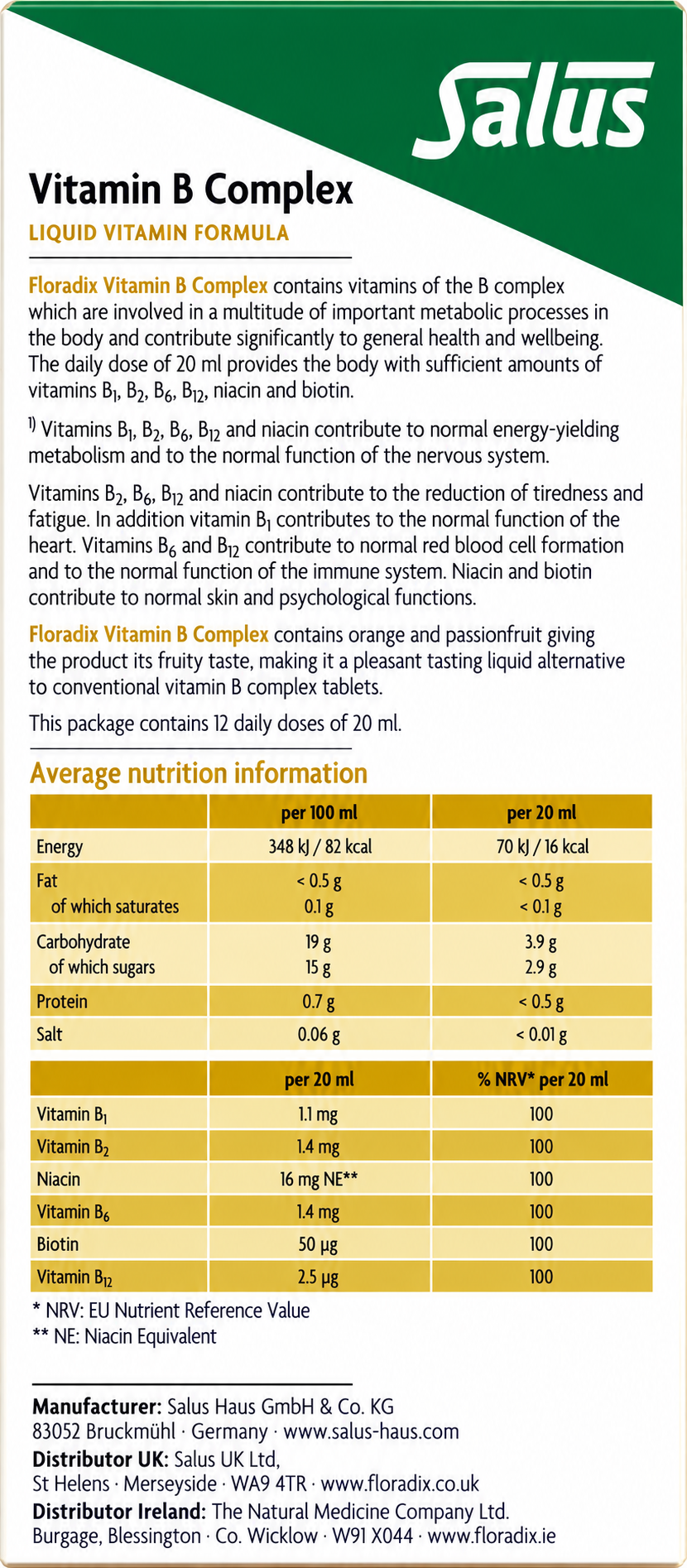 Salus Floradix Vitamin B Complex 250ml full rear panel with nutrition tables and manufacturer information