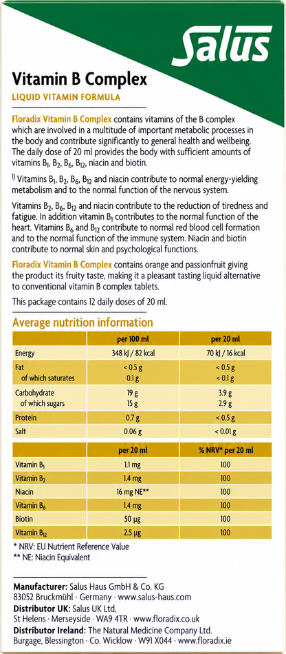 Salus Floradix Vitamin B Complex 250ml full rear panel with nutrition tables and manufacturer information