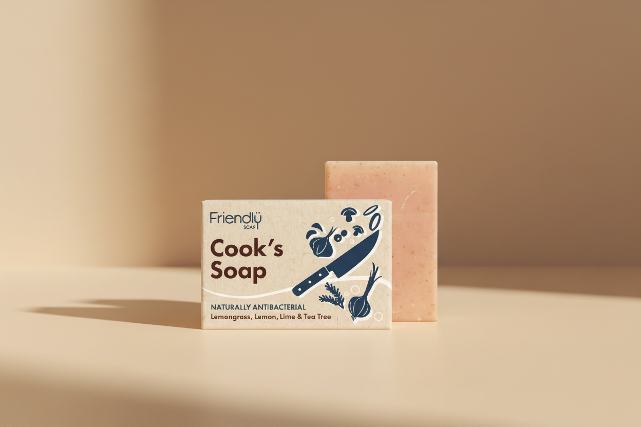 A bar of soap labeled 'Friendlü Cook's Soap' shown with its printed packaging card and the soap bar behind it on a white background. The soap is peachy pink with small speckles, and the card features dark blue and brown text with illustrations of a knife, garlic, onion, and herbs.