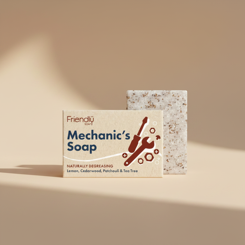 A bar of Friendly Soap Mechanic's Soap with its cardboard packaging, featuring a speckled beige soap bar and a beige label with blue and red text and graphics.