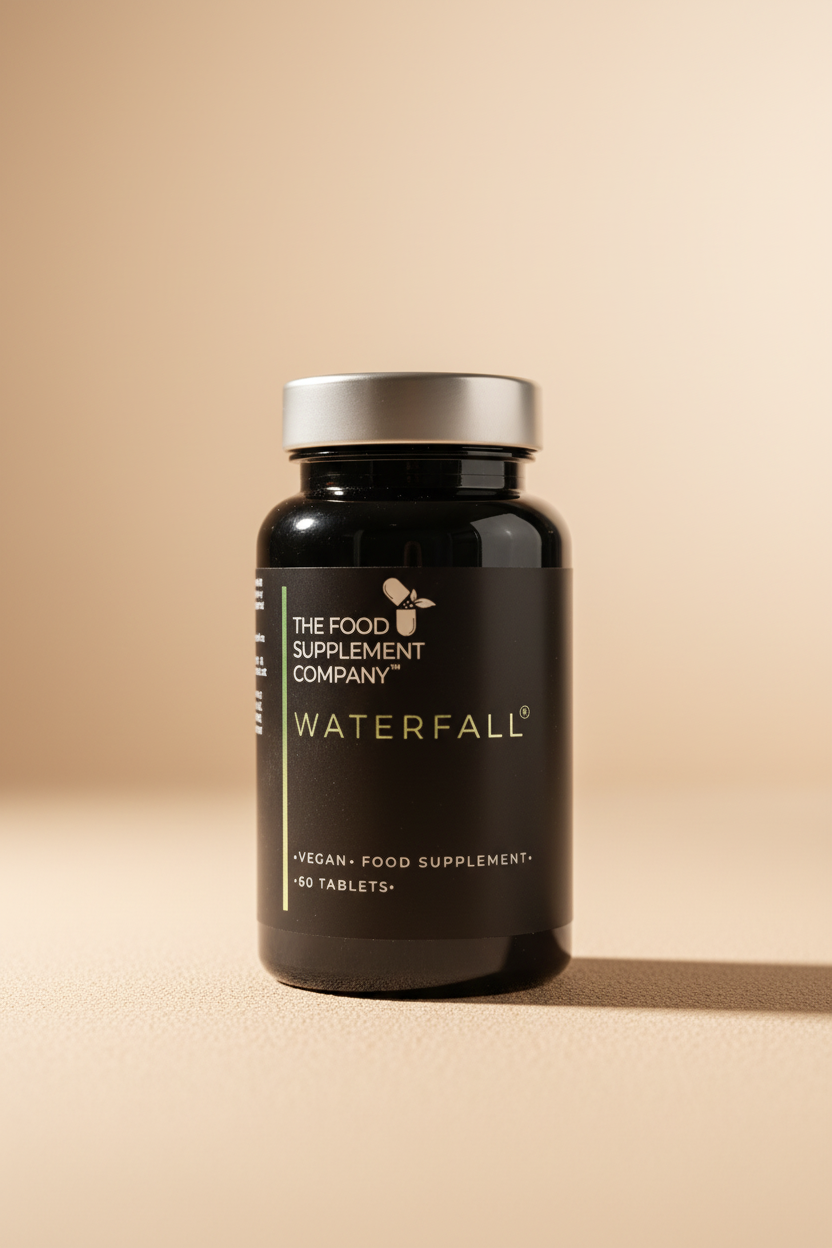 Black supplement bottle labeled 'The Food Supplement Company Waterfall' on a textured surface.