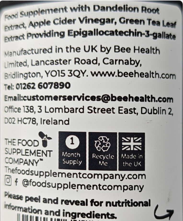 Back of a supplement package with branding and contact information.