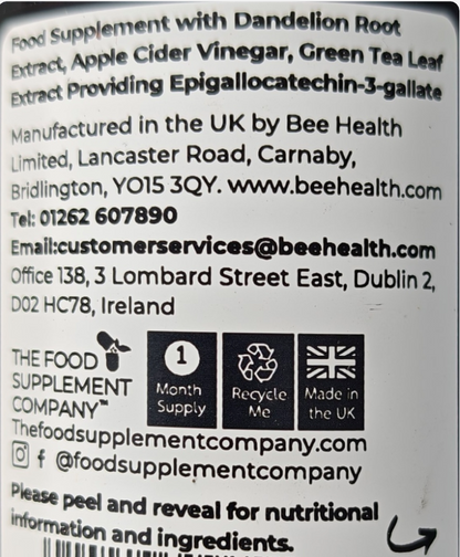Back of a supplement package with branding and contact information.