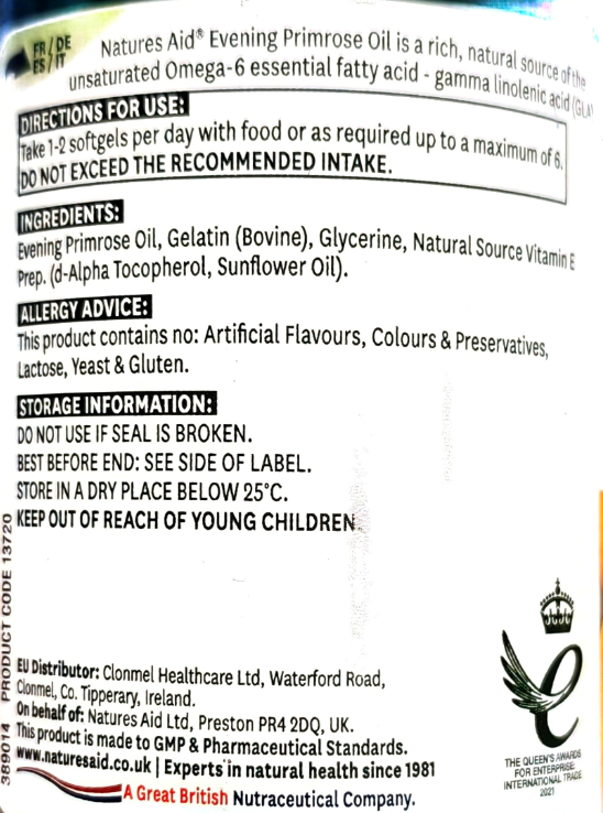 Close-up of a product label for Natures Aid Evening Primrose Oil, showing text including directions, ingredients, allergy advice, storage information, and distributor details on a white background.