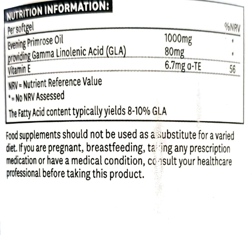 A close-up of a supplement nutrition label showing nutrients per softgel, including Evening Primrose Oil (1000mg), providing Gamma Linolenic Acid (GLA) (80mg), and Vitamin E (6.7mg Ω-TE).