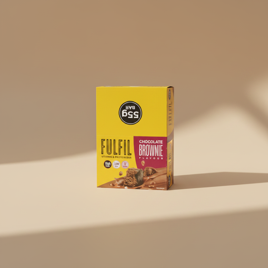 A yellow box of 655 FULFIL Chocolate Brownie Flavour vitamin and protein bars, photographed on a weathered gray wooden surface.