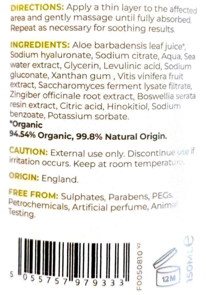 Back of a skincare product package showing directions, ingredients list, organic claims, caution, origin, and a barcode on a white background.