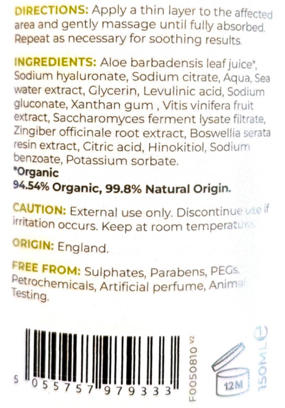 Back of a skincare product package showing directions, ingredients list, organic claims, caution, origin, and a barcode on a white background.