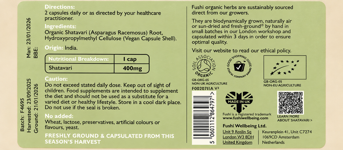 Fushi Organic Shatavari 60 capsules — combined label with 400mg per capsule, ingredients and directions