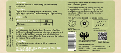Fushi Organic Shatavari 60 capsules — combined label with 400mg per capsule, ingredients and directions