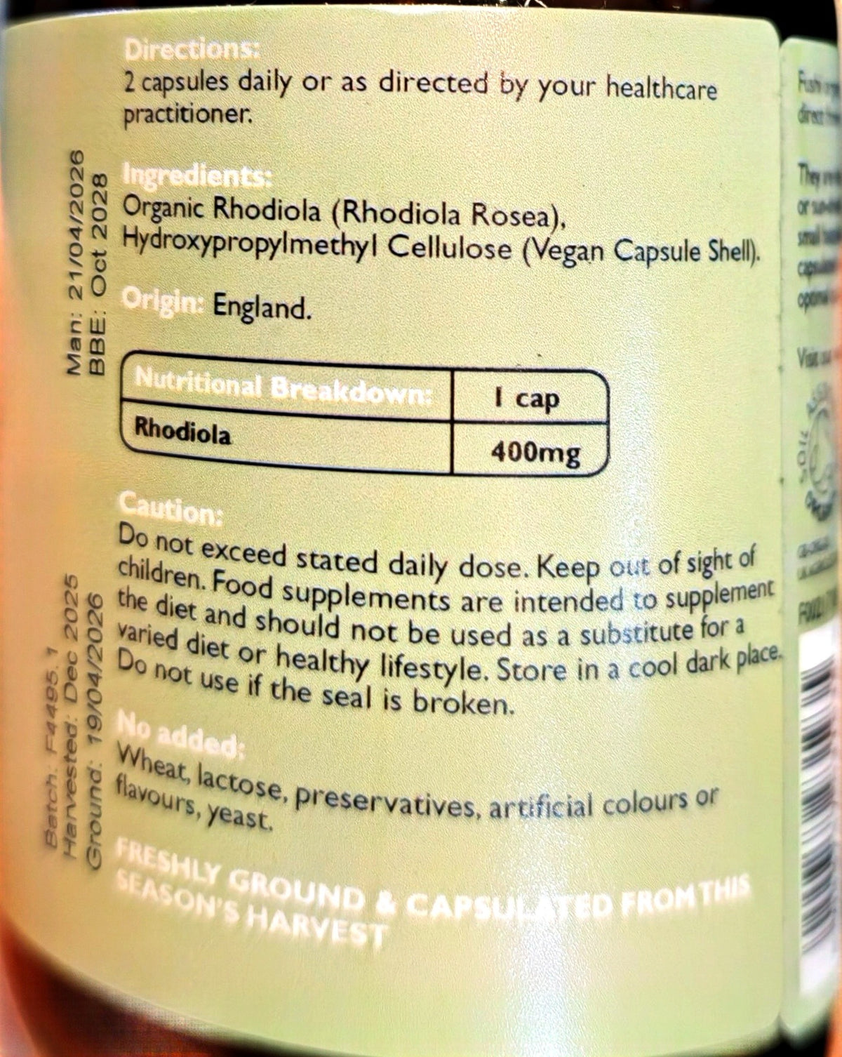 Fushi Organic Rhodiola Rosea label showing 400mg per capsule, ingredients, directions and cautions