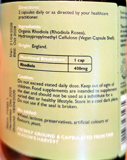 Fushi Organic Rhodiola Rosea label showing 400mg per capsule, ingredients, directions and cautions