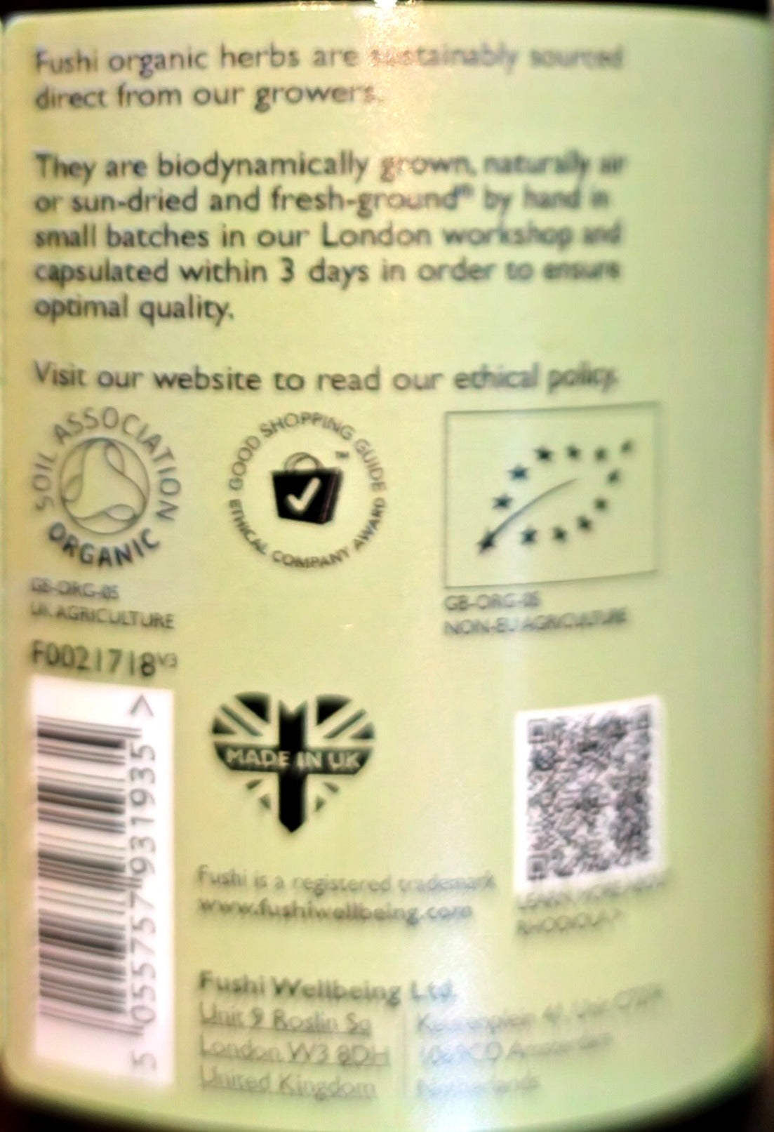 Fushi Rhodiola Rosea packaging showing organic certification, sourcing information and UK manufacture
