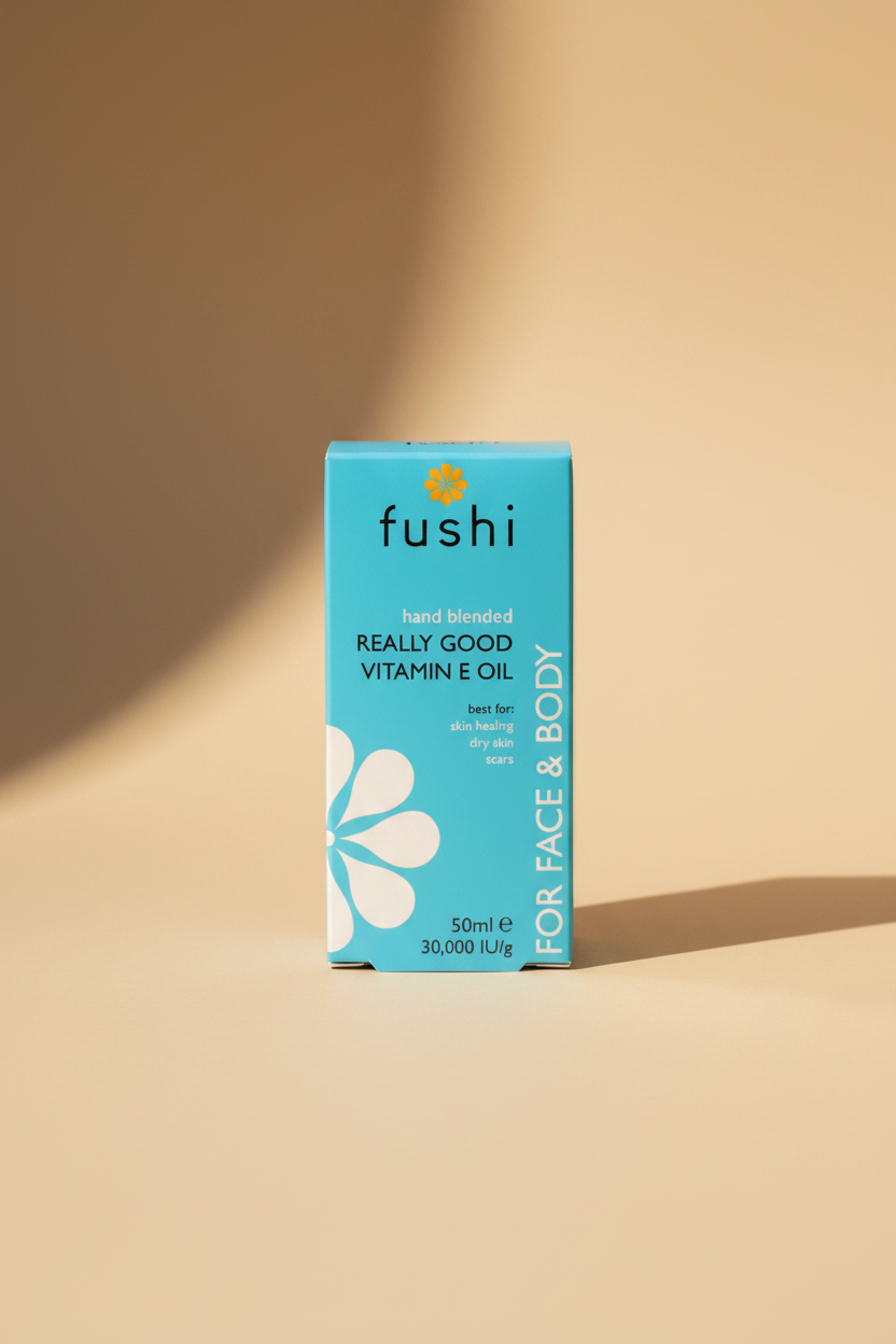 Fushi vitamin E oil packaging on a dark background