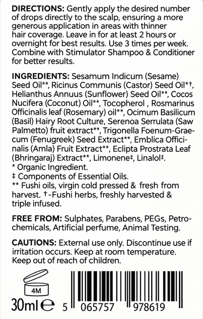 Fushi Root Revival Hair Oil 30ml readable rear label with complete directions, ingredients, footnotes and cautions
