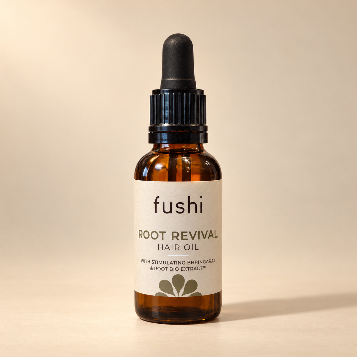 Fushi Root Revival Hair Oil 30ml amber dropper bottle on warm beige studio background