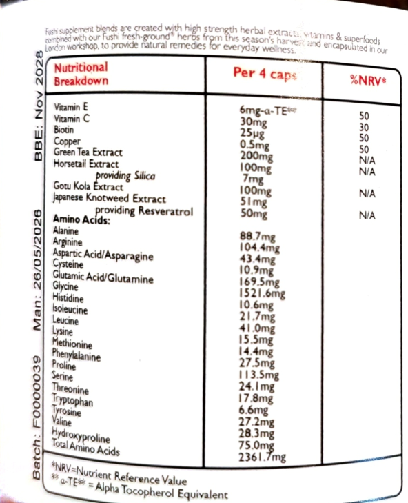 A close-up of a supplement facts panel showing nutritional breakdown per 4 caps for a herbal supplement. The table lists nutrients such as Vitamin E, Vitamin C, Botulin, Copper, Green Tea Extract, Horseradish Extract, Gou Kola Extract, Japanese Knotweed Extract, Resveratrol, and various amino acids, with percentages in the right column.