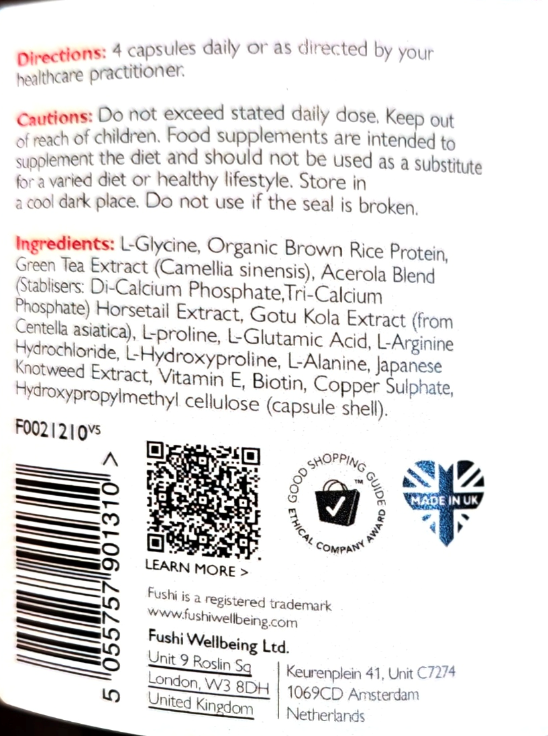 Back of a supplement box showing directions, cautions, ingredients list, barcode, QR code, and logos including Good Shopping Guide and Made in UK on a white background.