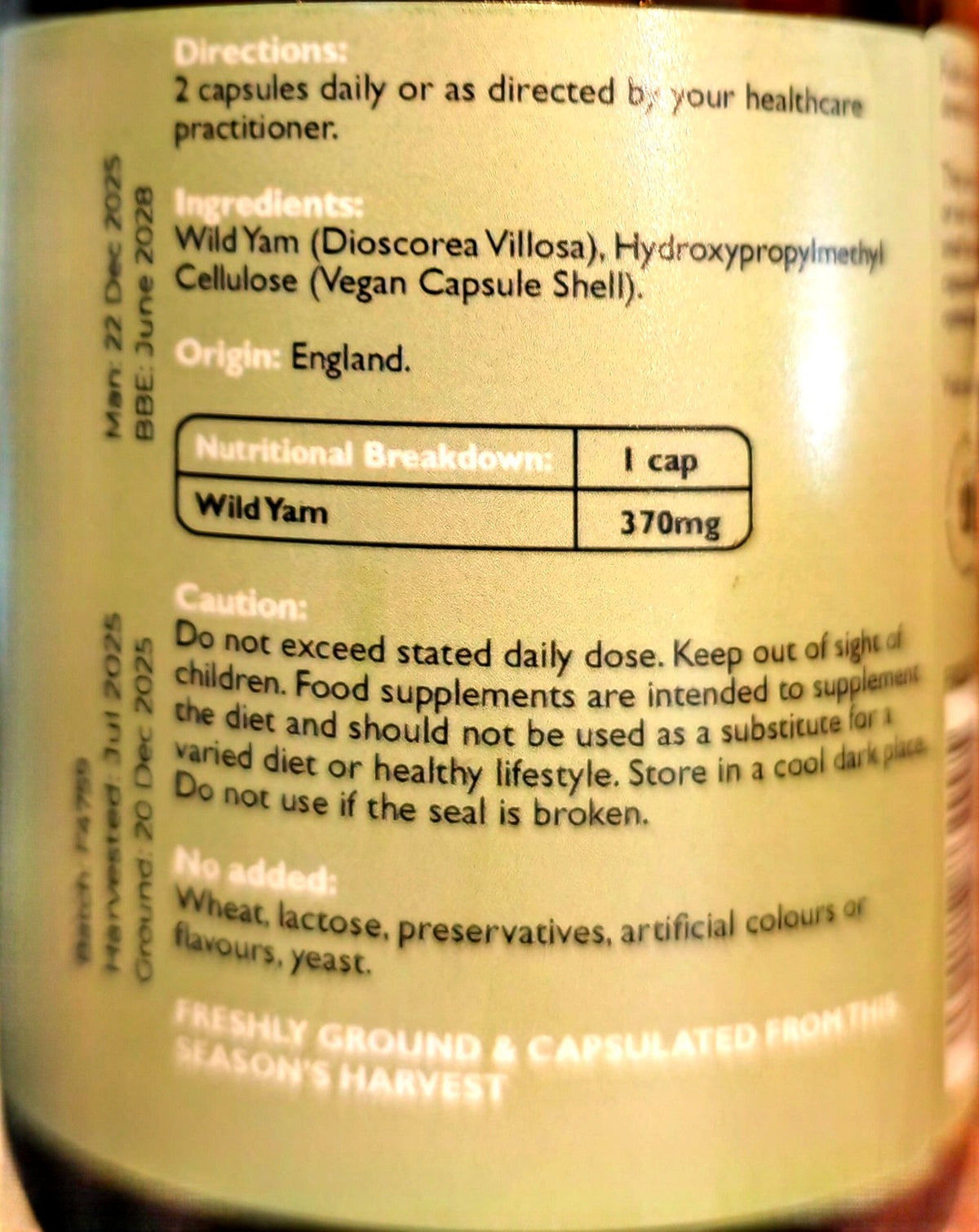 Fushi Wild Yam label showing 370mg per capsule, ingredients, directions and storage