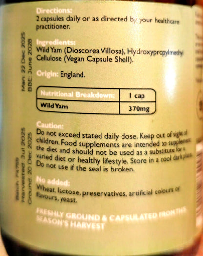Fushi Wild Yam label showing 370mg per capsule, ingredients, directions and storage