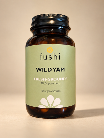 Fushi Wild Yam Fresh-Ground 60 vegan capsules amber glass bottle on a warm cream studio background