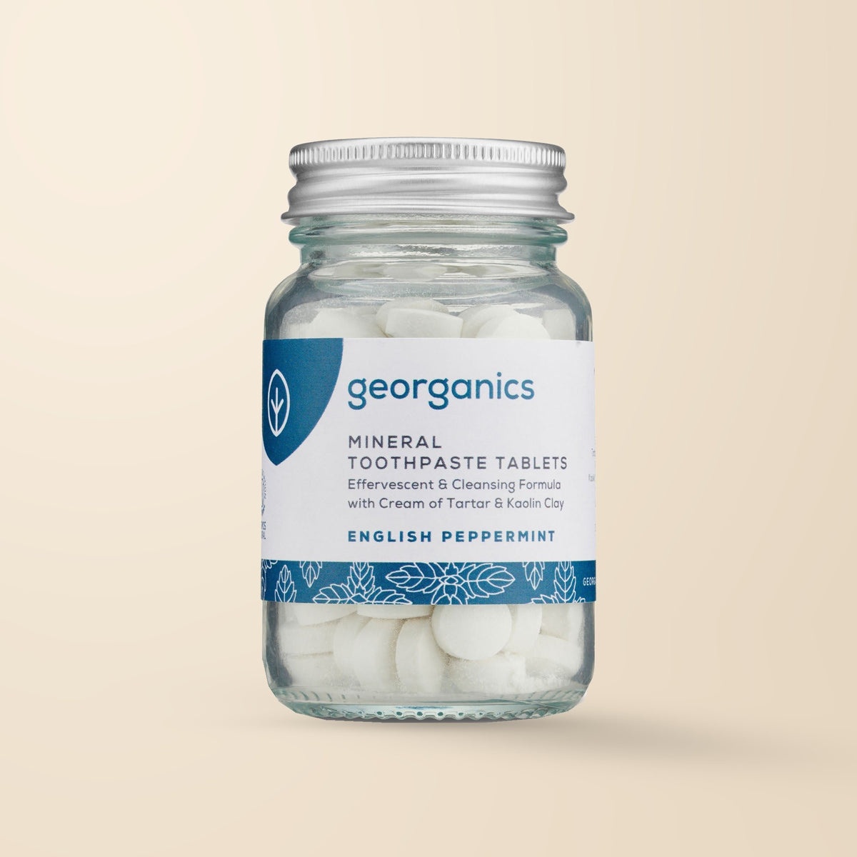 Georganics English Peppermint Toothpaste Tablets – Fluoride-Free, 120 Tablets product packaging