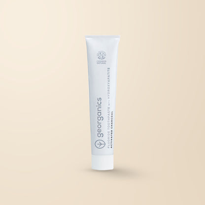 Georganics Activated Charcoal Fluoride Toothpaste with Hydroxyapatite – 75ml product packaging