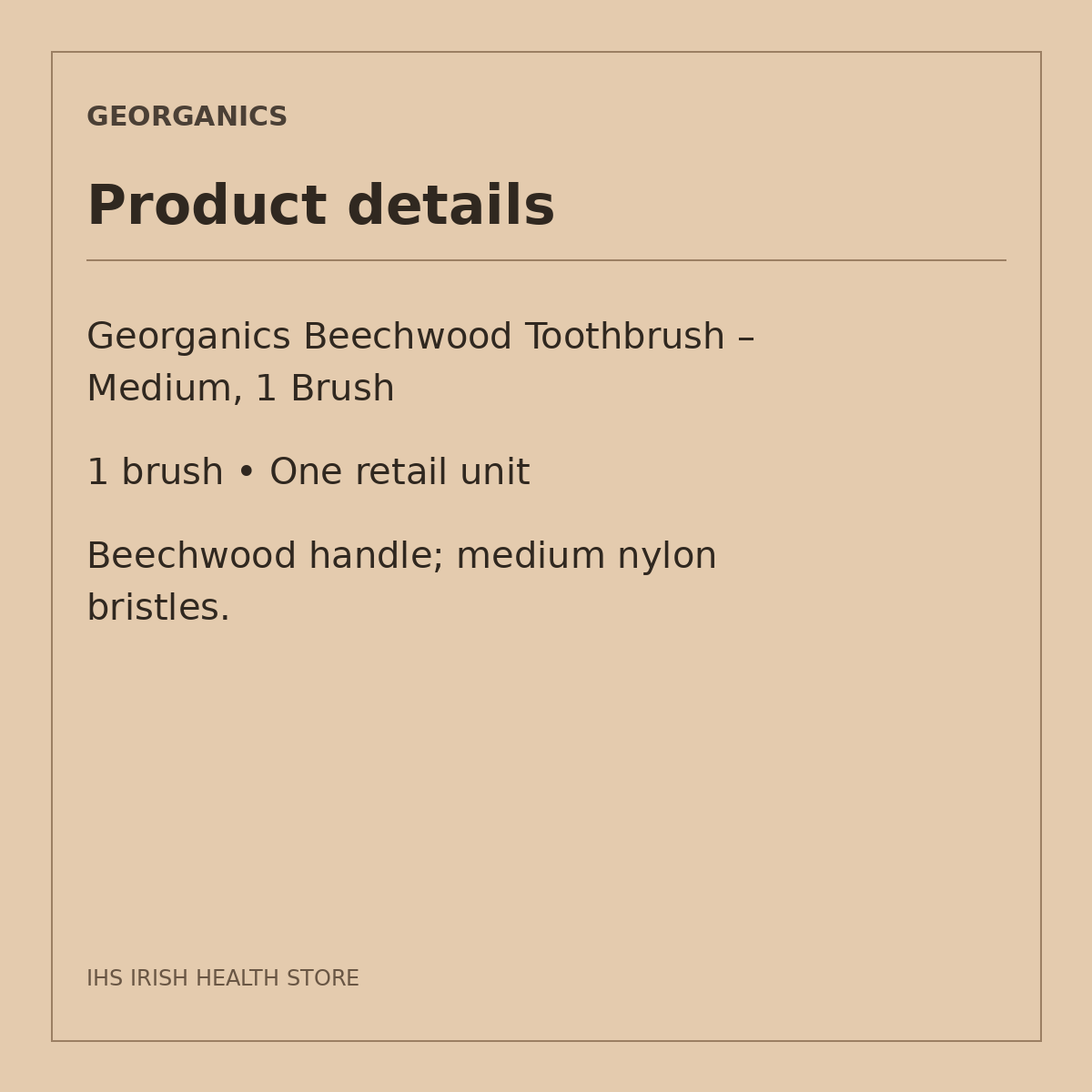 Georganics Beechwood Toothbrush – Medium, 1 Brush: product details on a beige information card
