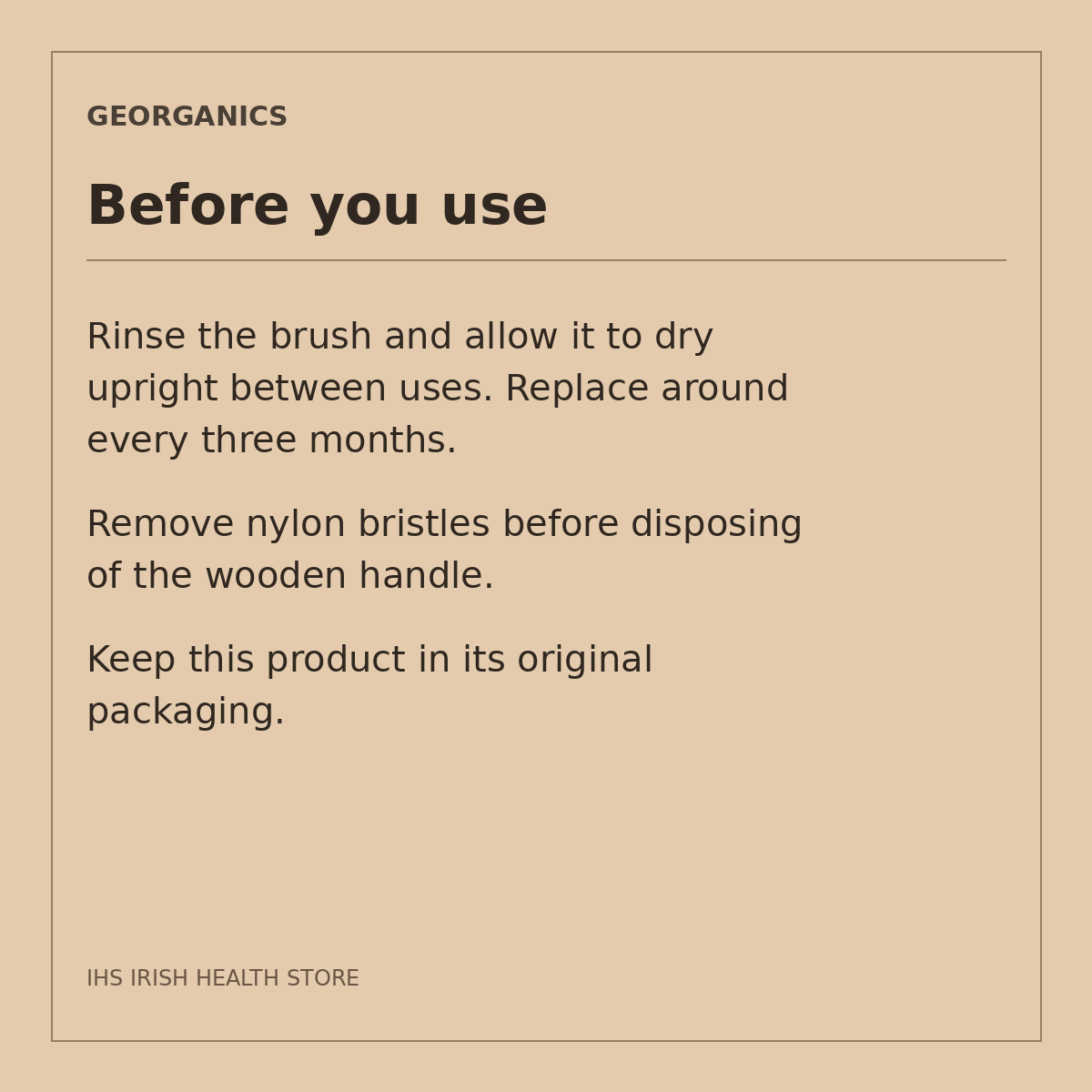 Georganics Beechwood Toothbrush – Medium, 1 Brush: before you use on a beige information card
