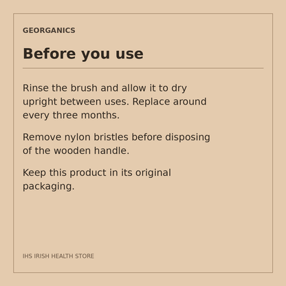 Georganics Beechwood Toothbrush – Medium, 1 Brush: before you use on a beige information card