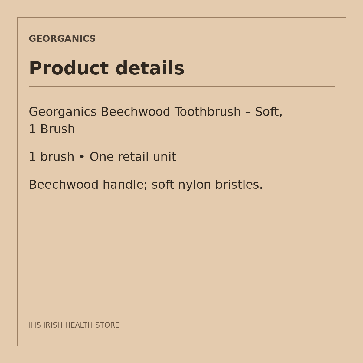 Georganics Beechwood Toothbrush – Soft, 1 Brush: product details on a beige information card