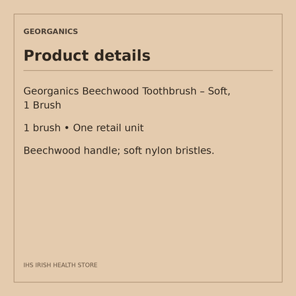 Georganics Beechwood Toothbrush – Soft, 1 Brush: product details on a beige information card