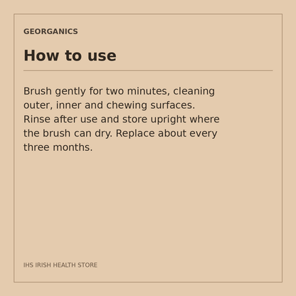 Georganics Beechwood Toothbrush – Soft, 1 Brush: how to use on a beige information card