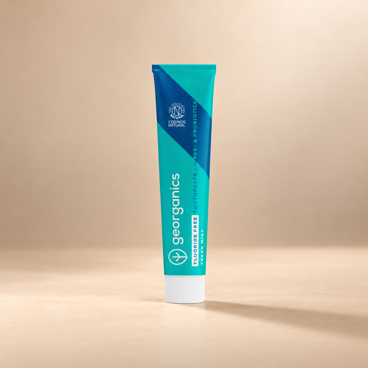 Georganics Prebiotics & Probiotics Toothpaste – Fluoride-Free, 75ml shown on the approved warm beige background