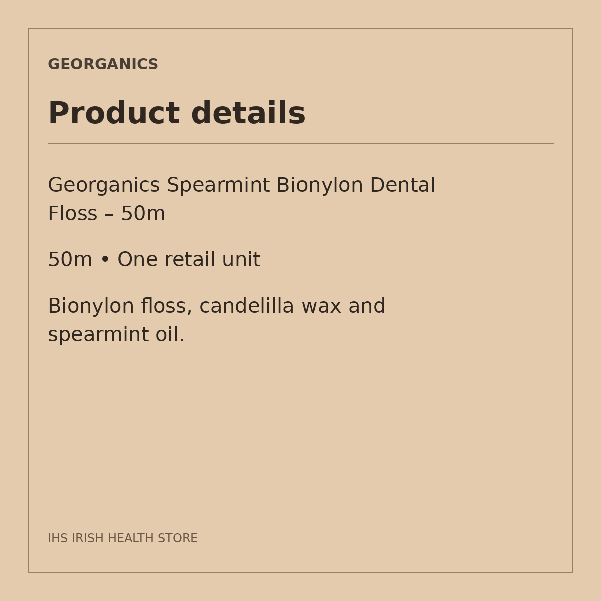 Georganics Spearmint Bionylon Dental Floss – 50m: product details on a beige information card