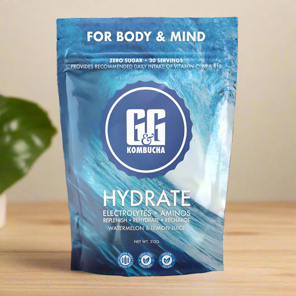 Front view of G&G Hydrate Kombucha Electrolytes & Aminos – 312g pouch