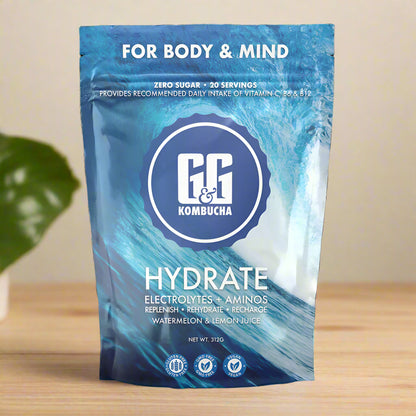 Front view of G&G Hydrate Kombucha Electrolytes & Aminos – 312g pouch