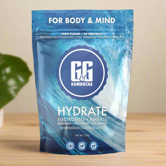 Front view of G&G Hydrate Kombucha Electrolytes & Aminos – 312g pouch
