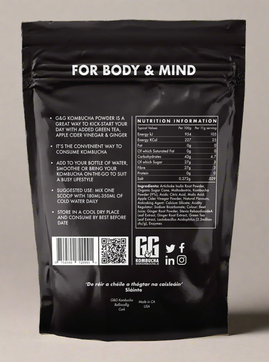 Open G&G Kombucha Powder container with visible powder