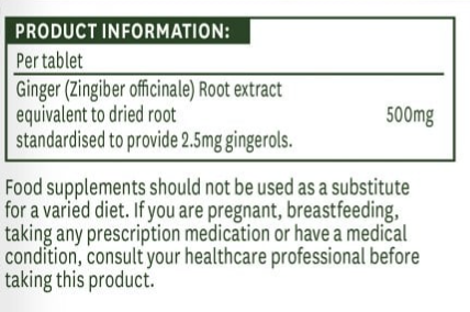Product information label for ginger root extract supplement with text and dosage details.