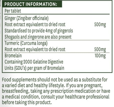 Product information label for ginger, turmeric, and bromelain supplements with dosage details.