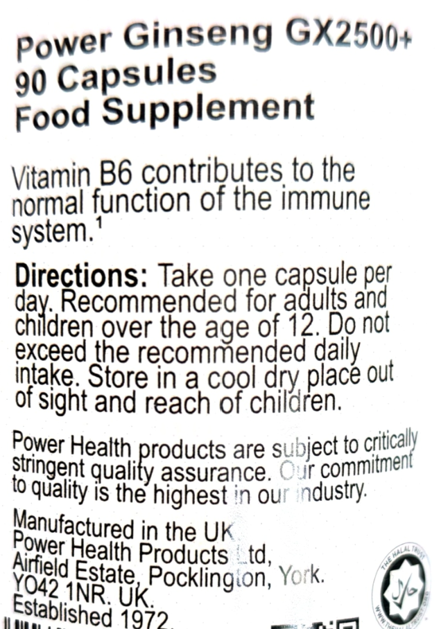A close-up of a supplement label reading 'Power Ginseng GX2500+ 90 Capsules Food Supplement' with product details, directions, manufacturer information, and a circular quality seal on a white background.