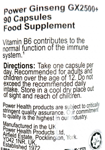 A close-up of a supplement label reading 'Power Ginseng GX2500+ 90 Capsules Food Supplement' with product details, directions, manufacturer information, and a circular quality seal on a white background.