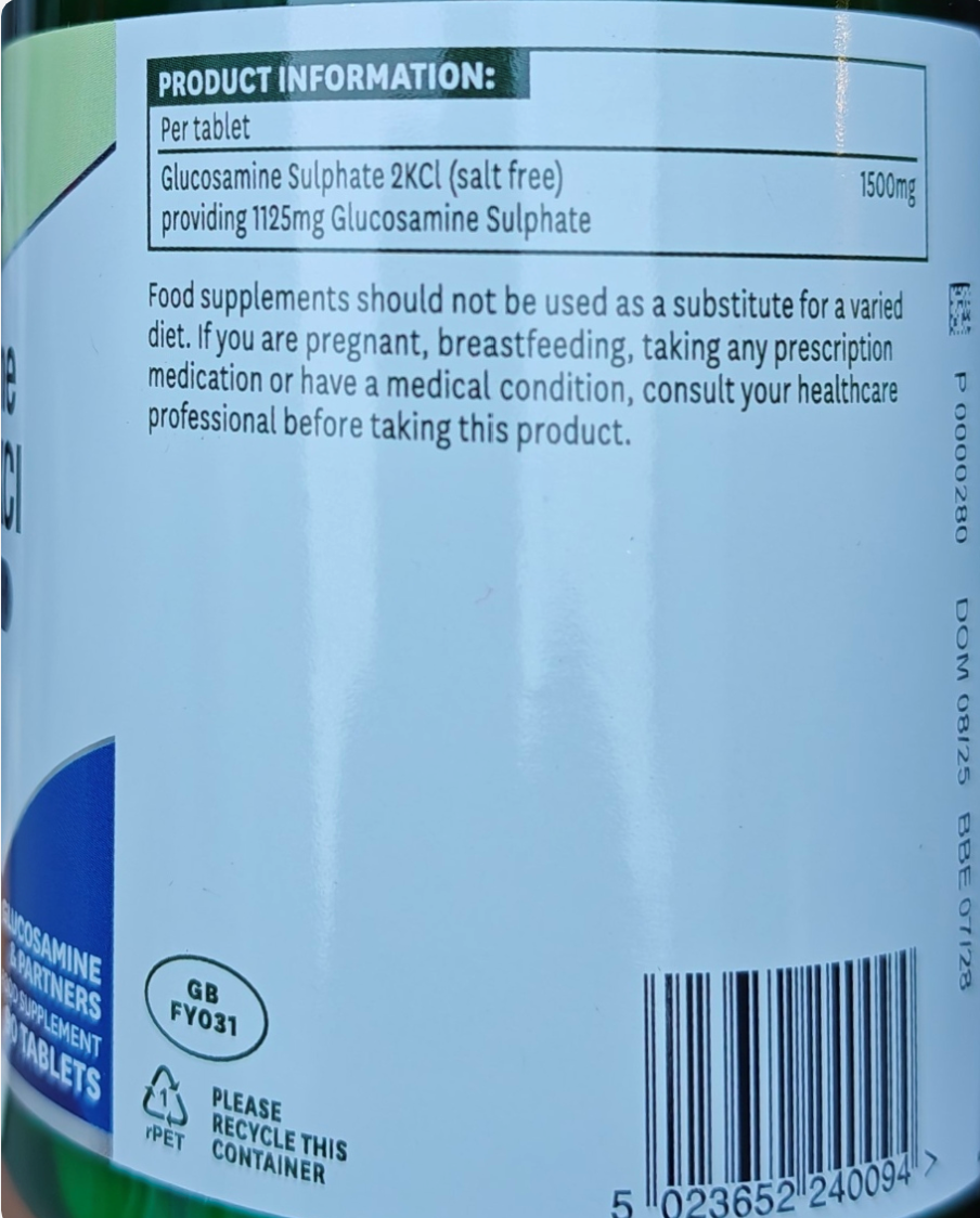 Back label of a supplement container with product information and recycling instructions.